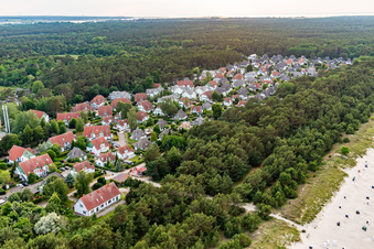 Aerial view of Thatched roof settlement of the holiday apartment Dünenresidenz in Peenemünde in the state Mecklenburg-Western Pomerania, Germany