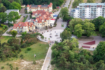 Aerial photograpy of Beach forecourt with open-air stage in Karlshagen in the state Mecklenburg-Western Pomerania, Germany