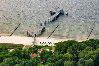 Oblique view of Koserow pier from 2021, 279 m long, special features: - Bell tower of Vineta Seating area for 150 people with sunset cinema Art installation "Man with Bell" Execution B&O Ingenieure, Hamburg Heuvelman Ibis GmbH, Leer in Koserow in the state Mecklenburg-Western Pomerania, Germany