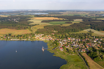Aerial view of Two-masted ship at the pier Neppermin in the district Neppermin in Benz in the state Mecklenburg-Western Pomerania, Germany