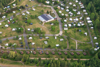 Aerial view of SeeCamping Zittau Mountains at Olbersdorfer Lake in Olbersdorf in the state Saxony, Germany