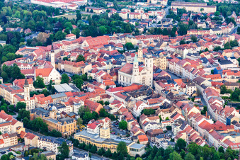 Historic old town with St. John's Church and Zittau Mountains Nature Park tourist center at the market in Zittau in the state Saxony, Germany