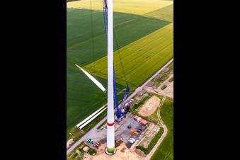 Aerial view of Construction site of a wind turbine at the Oberseifersdorf wind farm of Alterric Deutschland GmbH and Energiequelle GmbH in the district Eckartsberg in Mittelherwigsdorf in the state Saxony, Germany