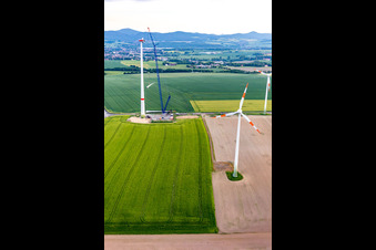 Aerial photograpy of Construction site of a wind turbine at the Oberseifersdorf wind farm of Alterric Deutschland GmbH and Energiequelle GmbH in the district Eckartsberg in Mittelherwigsdorf in the state Saxony, Germany