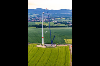 Oblique view of Construction site of a wind turbine at the Oberseifersdorf wind farm of Alterric Deutschland GmbH and Energiequelle GmbH in the district Eckartsberg in Mittelherwigsdorf in the state Saxony, Germany