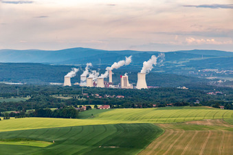 From the northwest in the background the Polish lignite opencast mine and power plant Turów in the district Dittelsdorf in Zittau in the state Saxony, Germany
