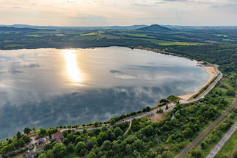 Aerial photograpy of North-east beach promenade of Lake Berzdorf with beach bar Görlitz in the district Deutsch Ossig in Görlitz in the state Saxony, Germany
