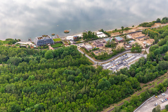 Aerial view of Island of the Senses - Hotel - Restaurant - Spa on Lake Berzdorf in the district Hagenwerder in Görlitz in the state Saxony, Germany
