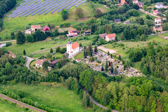 Aerial view of Church of St. John the Baptist "Kościół pw. św. Jana Chrzciciela in Krzewina in the state Lower Silesia, Poland