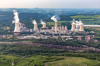 Aerial view of Turów brown coal power plant "PGE Górnictwo i Energetyka Konwencjonalna SA, Oddział Elektrownia Turów in Bogatynia in the state Lower Silesia, Poland
