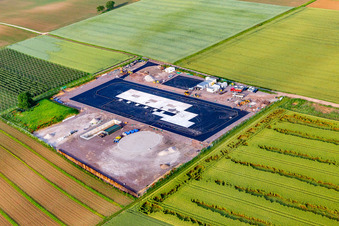 Aerial view of Construction site of the V20 deep drilling site of Vulcan Energy at Schleidberg for the extraction of geothermal energy and lithium in Insheim in the state Rhineland-Palatinate, Germany