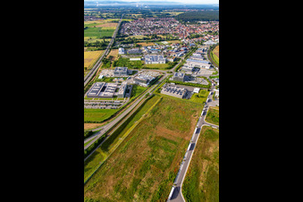 Aerial view of Development of the northern extension of the Speyer Valley commercial area in Rülzheim in the state Rhineland-Palatinate, Germany