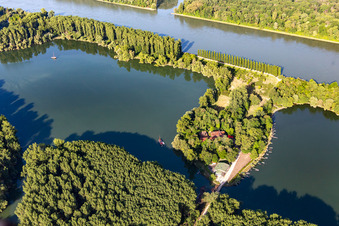 Aerial view of Pappelallee and restaurant on Rott Island on the Rhine in Linkenheim-Hochstetten in the state Baden-Wuerttemberg, Germany