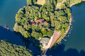 Oblique view of Restaurant on Rott Island on the Rhine in Linkenheim-Hochstetten in the state Baden-Wuerttemberg, Germany