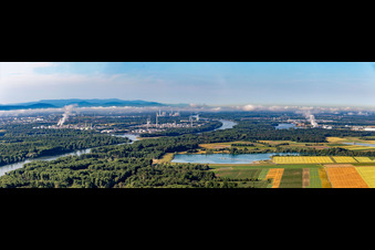 Panorama of the Rhine Valley from the Rheinzaberner Baggersee to the MIRO behind the oil port in the district Knielingen in Karlsruhe in the state Baden-Wuerttemberg, Germany