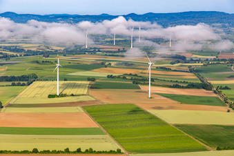 Wind farm Minfeld (in the background wind farm Freckenfeld) from the east in low clouds in Minfeld in the state Rhineland-Palatinate, Germany