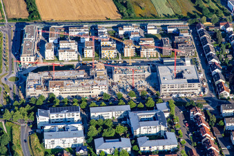 Multi-family house construction site "New City Centre" from the west in the district Mörsch in Rheinstetten in the state Baden-Wuerttemberg, Germany