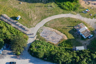 Aerial view of Beach volleyball court at Epplesee in the district Silberstreifen in Rheinstetten in the state Baden-Wuerttemberg, Germany