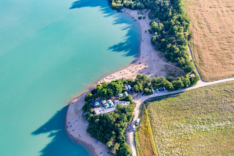Aerial view of Seegugger beer garden at Epplesee in the district Forchheim in Rheinstetten in the state Baden-Wuerttemberg, Germany