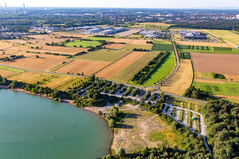 Sunbathing lawn at Epplesee in the district Silberstreifen in Rheinstetten in the state Baden-Wuerttemberg, Germany from above
