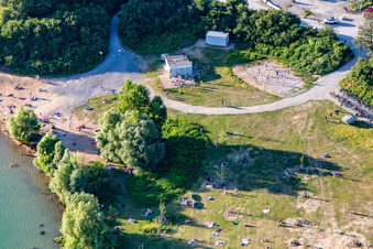 Aerial photograpy of Beach volleyball court at Epplesee in the district Silberstreifen in Rheinstetten in the state Baden-Wuerttemberg, Germany