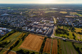 Aerial photograpy of Multi-family house construction site "New City Centre" from the east in the district Mörsch in Rheinstetten in the state Baden-Wuerttemberg, Germany