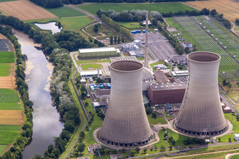 Aerial view of Shutdown nuclear power plant Grafenrheinfeld of Preussenelektra GmbH before the demolition of the cooling towers in Grafenrheinfeld in the state Bavaria, Germany