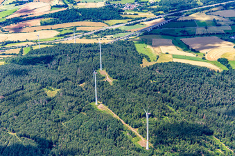 Aerial view of Wind farm in front of the large shield bridge in Kirchheim in the state Hesse, Germany