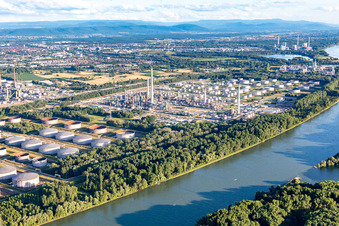 Oblique view of Upper Rhine mineral oil refinery in the district Knielingen in Karlsruhe in the state Baden-Wuerttemberg, Germany
