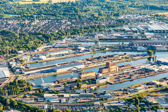 Aerial view of Rhine harbor Karlsruhe from the north in the district Mühlburg in Karlsruhe in the state Baden-Wuerttemberg, Germany