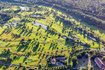 Aerial photograpy of Golf course Hofgut Scheibenhardt AG in the district Beiertheim-Bulach in Karlsruhe in the state Baden-Wuerttemberg, Germany