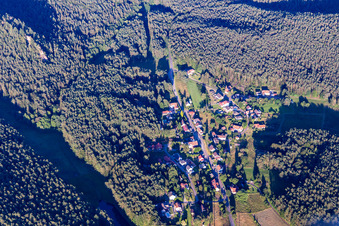 From the northwest in the district Lauterschwan in Erlenbach bei Dahn in the state Rhineland-Palatinate, Germany
