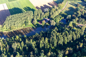 Aerial view of Fish ponds on the Quodbach in Insheim in the state Rhineland-Palatinate, Germany