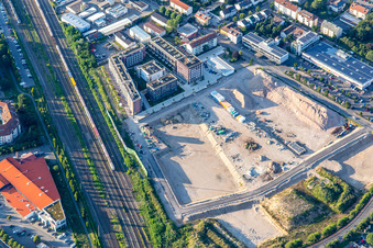 Aerial view of New building site on Pfaudlerstraße in Schwetzingen in the state Baden-Wuerttemberg, Germany