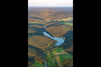 Aerial view of Marbach Reservoir in the district Hüttenthal in Mossautal in the state Hesse, Germany