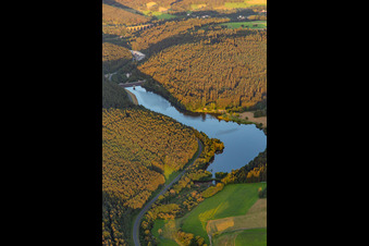Aerial photograpy of Marbach Reservoir in the district Hüttenthal in Mossautal in the state Hesse, Germany