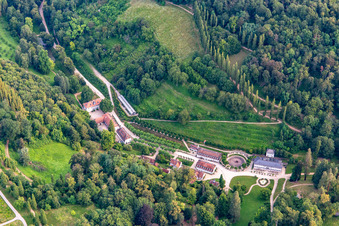Aerial view of Fürstenlager State Park: spa fountain and village in the landscape park of a princely summer residence from the 18th century in the district Auerbach in Bensheim in the state Hesse, Germany