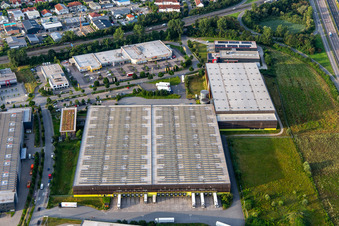 Oblique view of Alnatura distribution center in Lorsch in the state Hesse, Germany