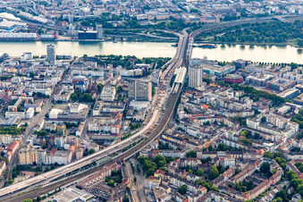 Aerial view of Elevated road B37 and railway line from W to Konrad-Adenauer-Bridge over the Rhine under demolition/reconstruction in the district Süd in Ludwigshafen am Rhein in the state Rhineland-Palatinate, Germany