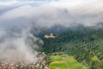 Landeck Castle in the morning under low clouds in Klingenmünster in the state Rhineland-Palatinate, Germany