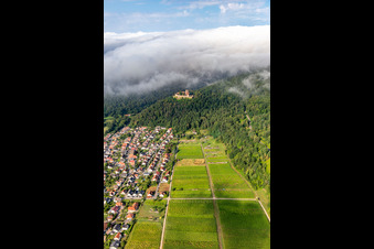 Oblique view of Landeck Castle in the morning under low clouds in Klingenmünster in the state Rhineland-Palatinate, Germany