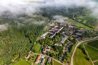 Dense clouds over the Palatinate Hospital for Psychiatry and Neurology in Klingenmünster in the state Rhineland-Palatinate, Germany seen from above