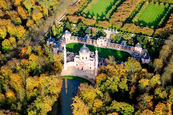 Aerial photograpy of Building of the mosque in Schlossgarten in Schwetzingen in the state Baden-Wurttemberg, Germany