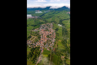 Aerial view of Village from the east in the morning under clouds in the district Arzheim in Landau in der Pfalz in the state Rhineland-Palatinate, Germany