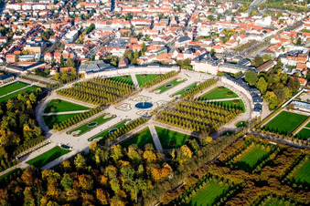Rokoko Park of Gardens and Castle of Schwetzingen in Schwetzingen in the state Baden-Wurttemberg, Germany from above