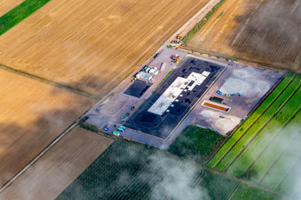 Construction site of the V20 deep drilling site of Vulcan Energy at Schleidberg for the extraction of geothermal energy and lithium in Insheim in the state Rhineland-Palatinate, Germany seen from above