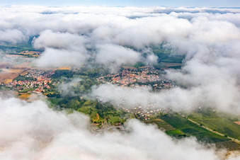 Aerial view of Village hidden under clouds from the east in the district Billigheim in Billigheim-Ingenheim in the state Rhineland-Palatinate, Germany
