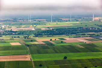 Low clouds over the wind farm Freckenfeld from the north in Freckenfeld in the state Rhineland-Palatinate, Germany