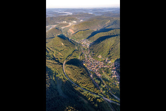 Aerial view of Place in the Queichtal with B10 bypass in Wilgartswiesen in the state Rhineland-Palatinate, Germany