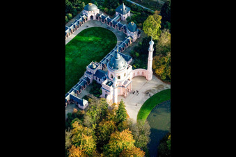 Mosque / Moorish temple in the castle garden Schwetzingen in Schwetzingen in the state Baden-Wuerttemberg, Germany from above